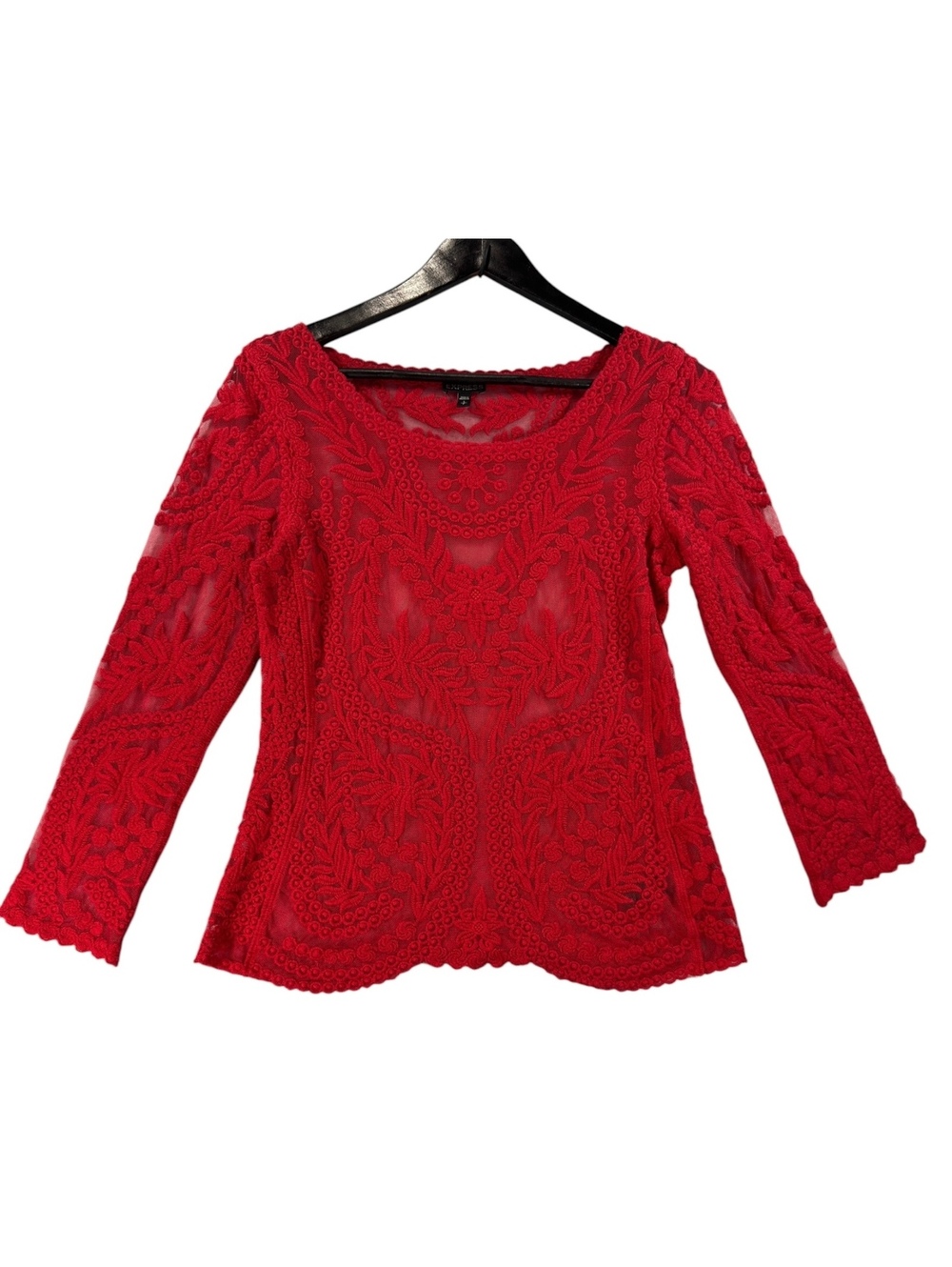 Express Red Embroidered Sheer Lace Top Size S Long Sleeve